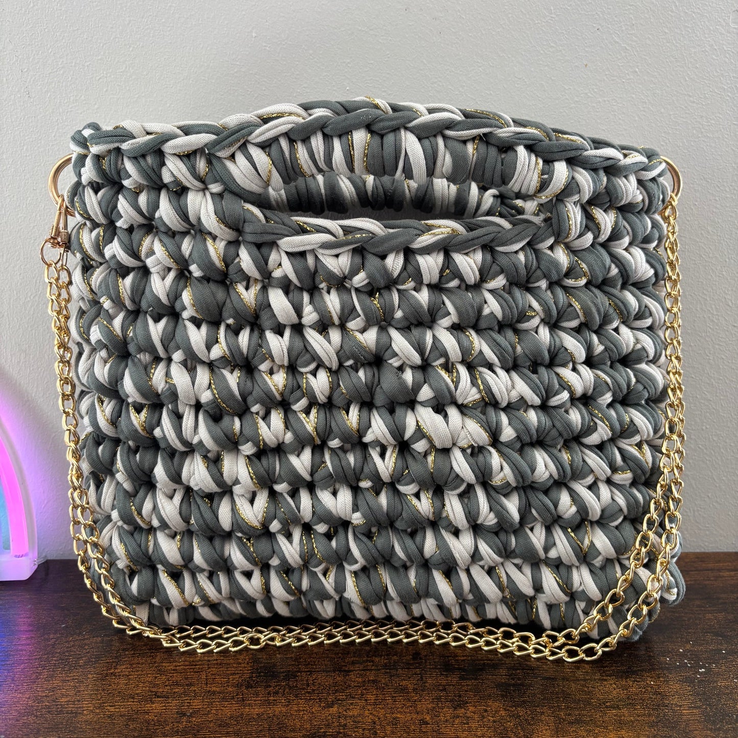 Sac tendance kaki/blanc cassé en crochet