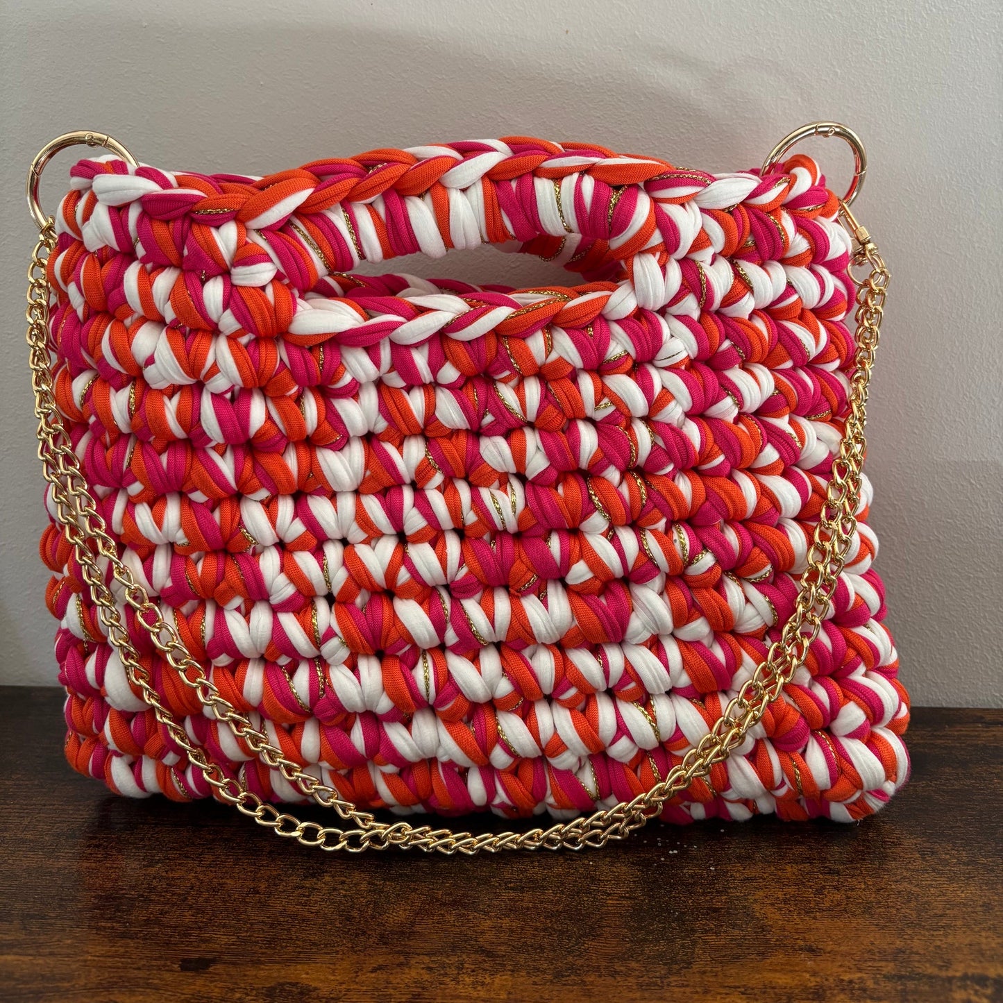 Sac tendance rose/orange/blanc en crochet