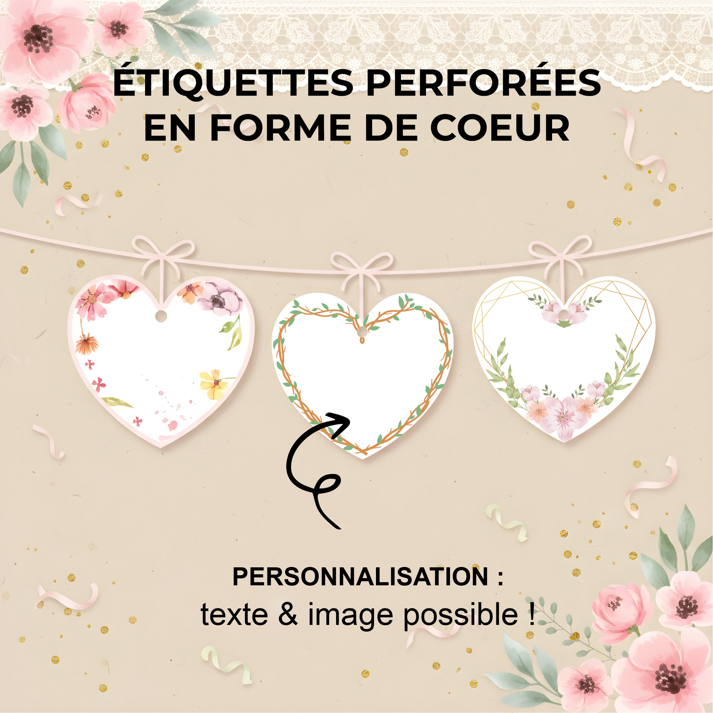 Étiquettes perforées coeur 40mm personnalisables
