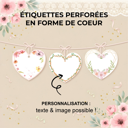 Étiquettes perforées coeur 40mm personnalisables
