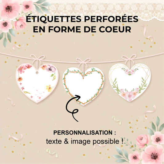 Étiquettes perforées coeur 50mm personnalisables